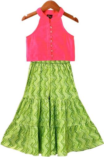 Coral & limegreen solid chanderi top with sharara ethnic wear