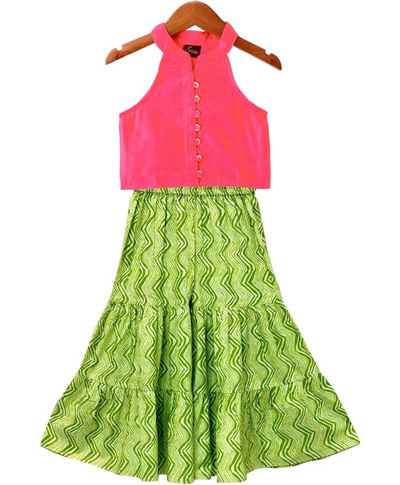 Coral & limegreen solid chanderi top with sharara ethnic wear