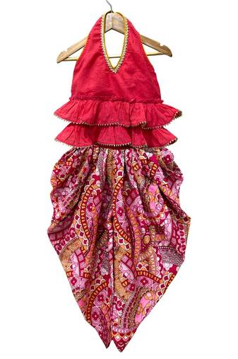 Coral & pink  solid  cotton top with dhoti ethnic wear