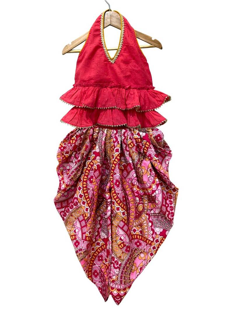 Coral & pink  solid  cotton top with dhoti ethnic wear