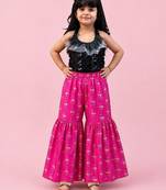 Black & pink embellished polyester top with sharara ethnic wear