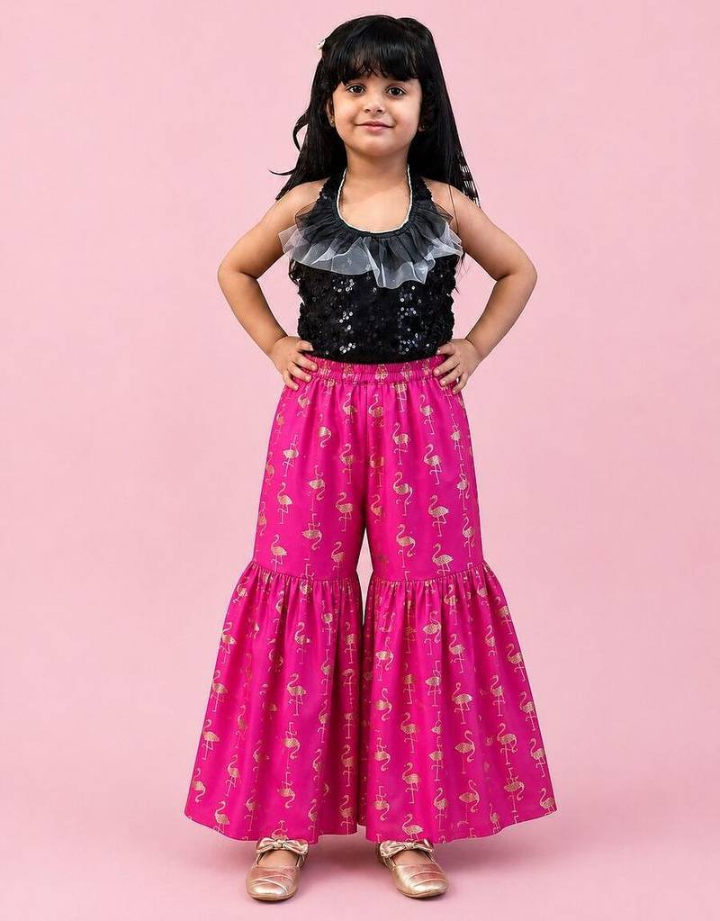 Black & pink embellished polyester top with sharara ethnic wear