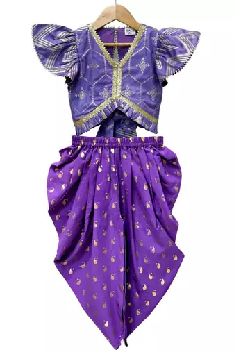 Purple embellished polyester top with dhoti ethnic wear