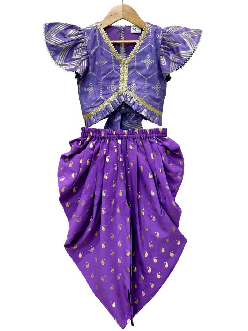 Purple embellished polyester top with dhoti ethnic wear