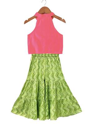 Coral & limegreen solid chanderi top with sharara ethnic wear 2