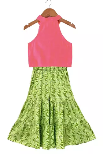Coral & limegreen solid chanderi top with sharara ethnic wear