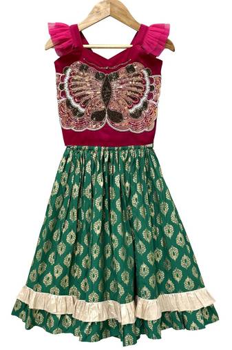 Pink & green placement embroidered  polyester top with lehenga ethnic wear