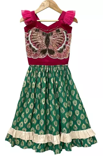Pink & green placement embroidered  polyester top with lehenga ethnic wear