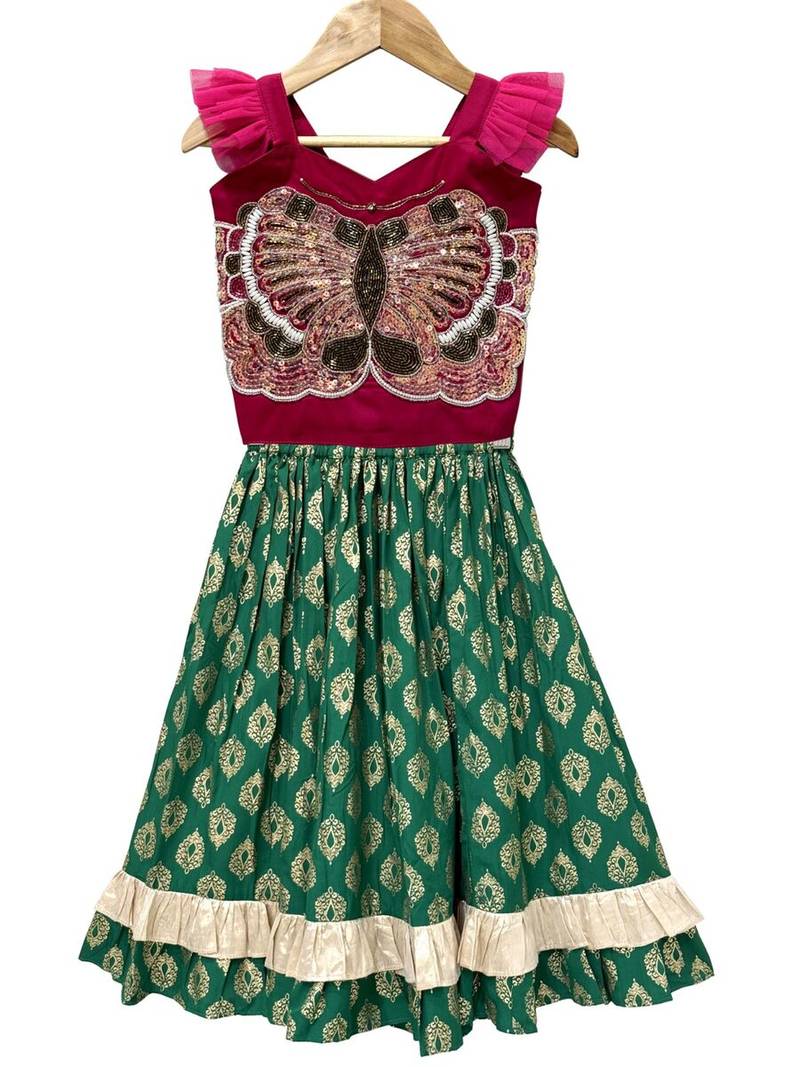 Pink & green placement embroidered  polyester top with lehenga ethnic wear