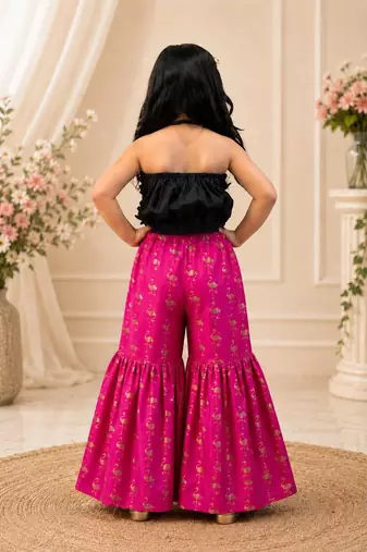 Black & pink embellished polyester top with sharara ethnic wear