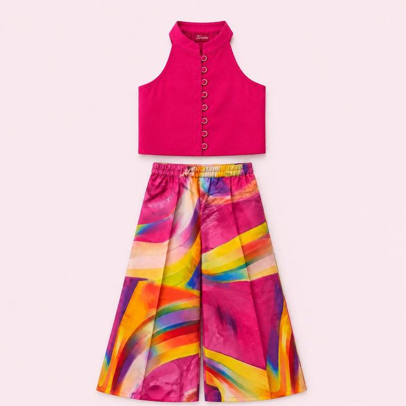 Pink & multicolour solid chanderi top with palazzo ethnic wear