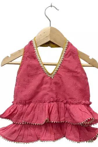 Coral & pink  solid  cotton top with dhoti ethnic wear