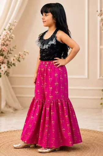 Black & pink embellished polyester top with sharara ethnic wear