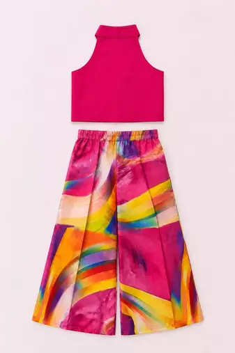Pink & multicolour solid chanderi top with palazzo ethnic wear