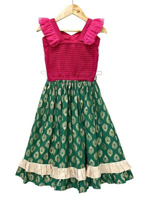 Pink & green placement embroidered  polyester top with lehenga ethnic wear 2