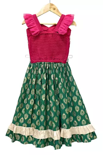 Pink & green placement embroidered  polyester top with lehenga ethnic wear