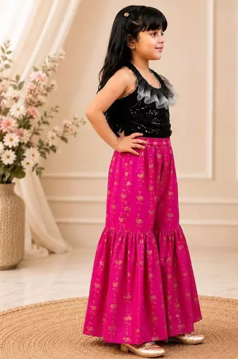 Black & pink embellished polyester top with sharara ethnic wear