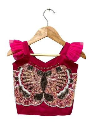 Pink & green placement embroidered  polyester top with lehenga ethnic wear 3