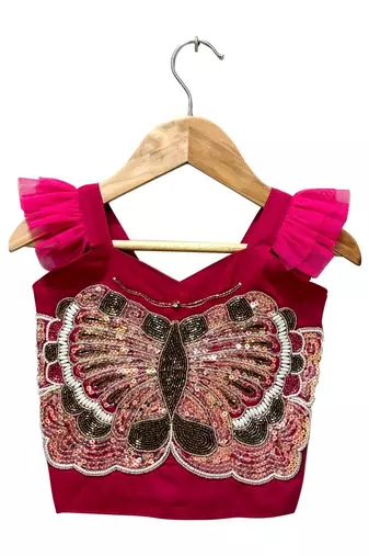 Pink & green placement embroidered  polyester top with lehenga ethnic wear