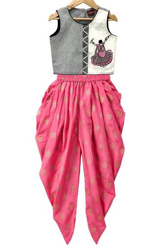 Grey & coral placement embroidered cotton top with dhoti ethnic wear