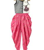 Grey & coral placement embroidered cotton top with dhoti ethnic wear