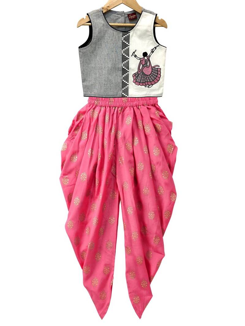 Grey & coral placement embroidered cotton top with dhoti ethnic wear