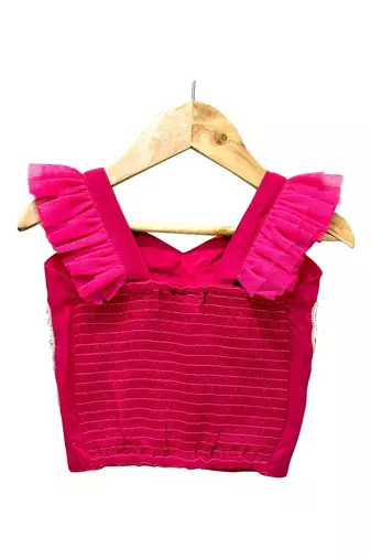 Pink & green placement embroidered  polyester top with lehenga ethnic wear