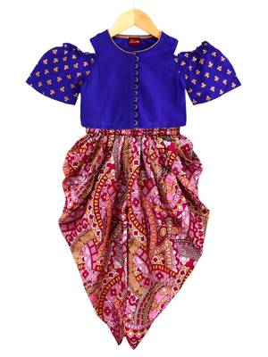 Blue & pink printed polyester top with dhoti ethnic wear 1