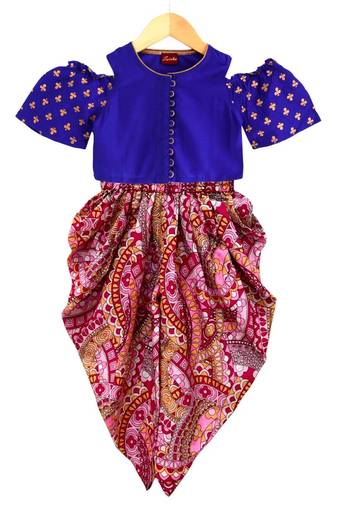 Blue & pink printed polyester top with dhoti ethnic wear