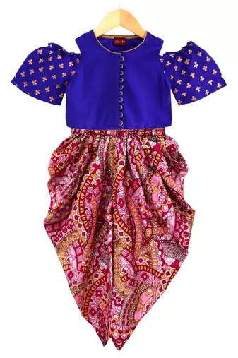 Blue & pink printed polyester top with dhoti ethnic wear