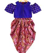 Blue & pink printed polyester top with dhoti ethnic wear