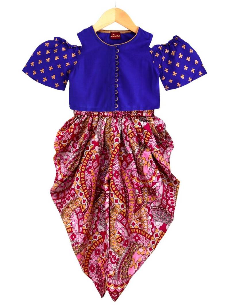 Blue & pink printed polyester top with dhoti ethnic wear