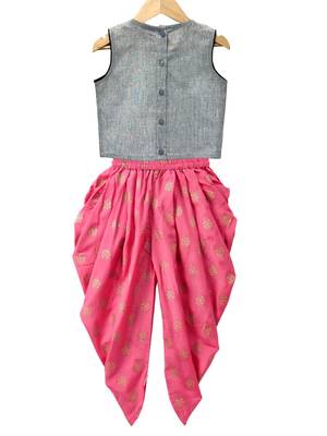 Grey & coral placement embroidered cotton top with dhoti ethnic wear 2