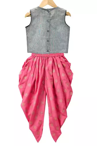 Grey & coral placement embroidered cotton top with dhoti ethnic wear