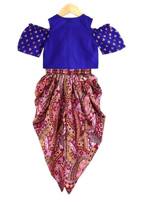 Blue & pink printed polyester top with dhoti ethnic wear 2