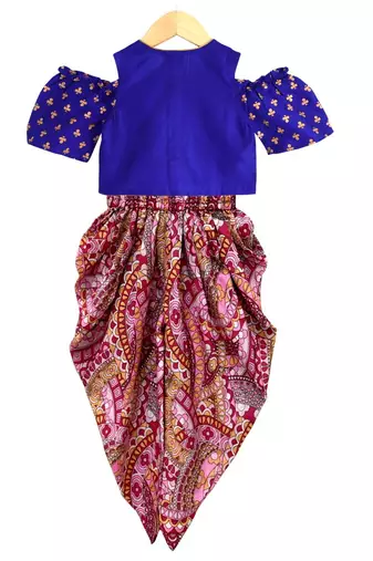 Blue & pink printed polyester top with dhoti ethnic wear