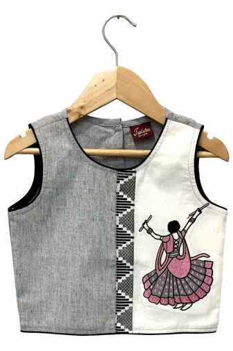 Grey & coral placement embroidered cotton top with dhoti ethnic wear