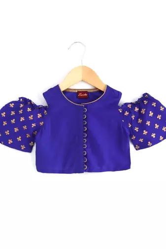 Blue & pink printed polyester top with dhoti ethnic wear