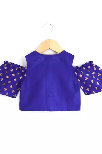 Blue & pink printed polyester top with dhoti ethnic wear