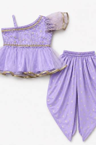 Purple embriodered polyester top with dhoti ethnic wear
