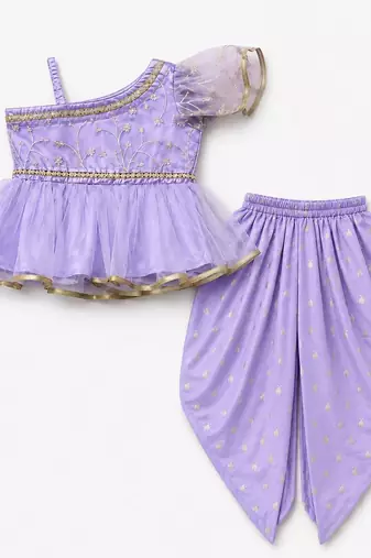 Purple embriodered polyester top with dhoti ethnic wear