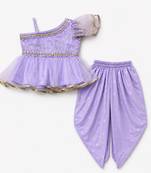 Purple embriodered polyester top with dhoti ethnic wear