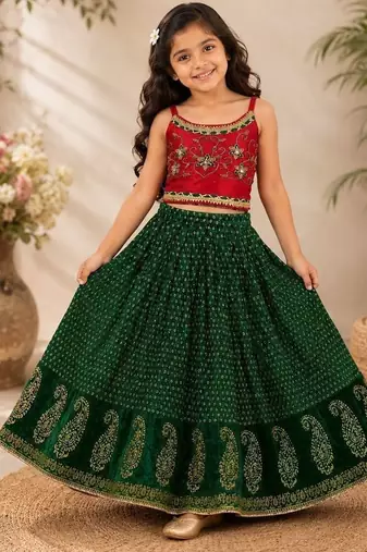 Red & green placement embroidered polyester top with lehenga ethnic wear