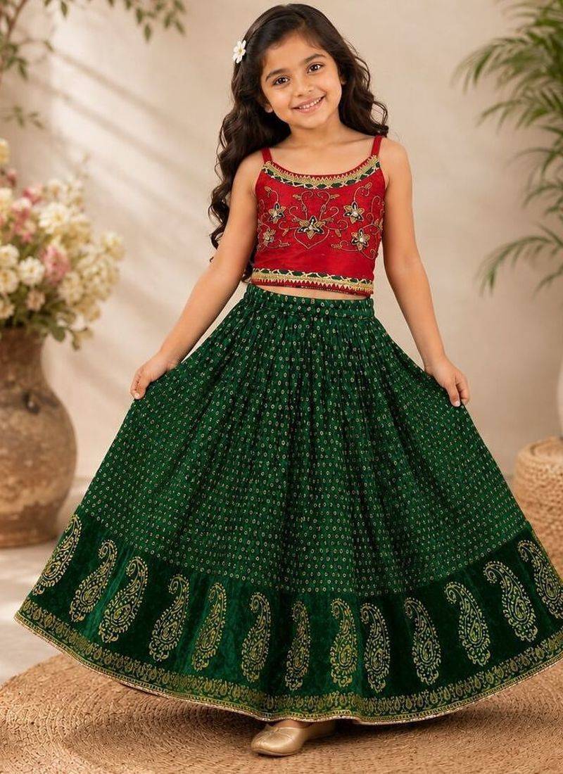 Red & green placement embroidered polyester top with lehenga ethnic wear