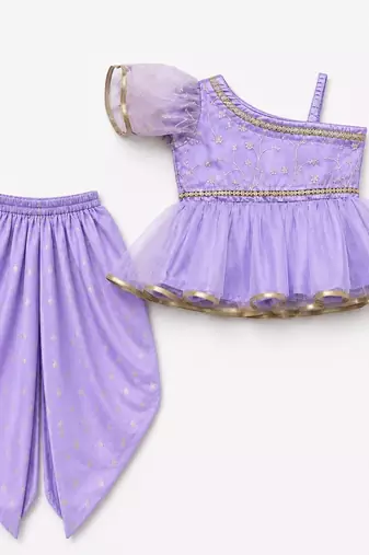 Purple embriodered polyester top with dhoti ethnic wear
