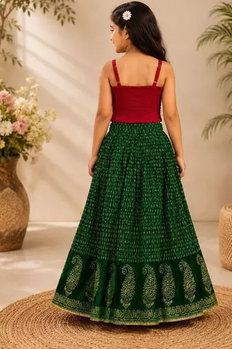 Red & green placement embroidered polyester top with lehenga ethnic wear