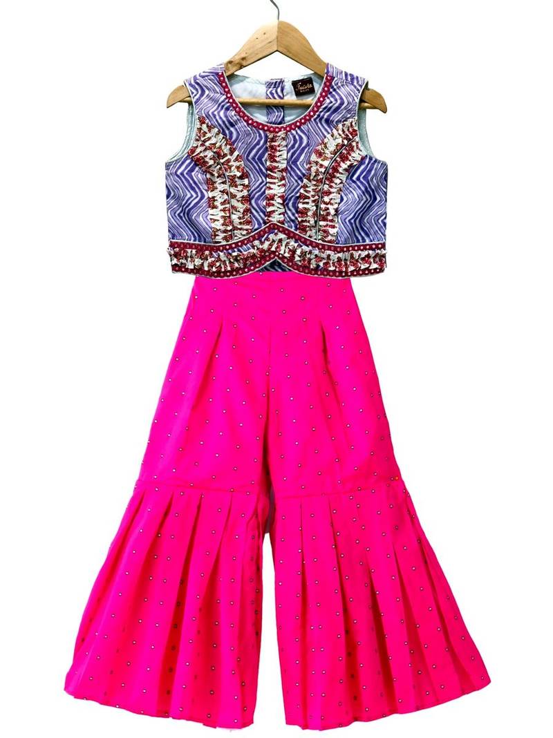 Lavender & pink printed cotton top with palazzo ethnic wear