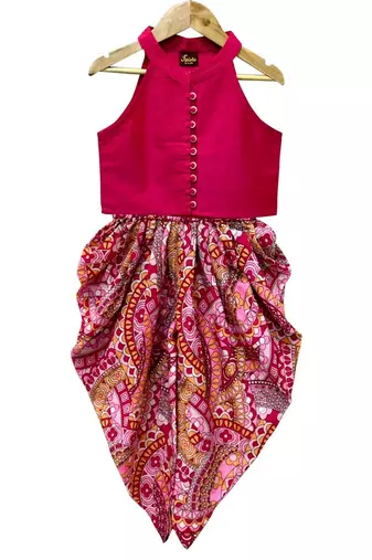 Pink solid chanderi top with dhoti ethnic wear