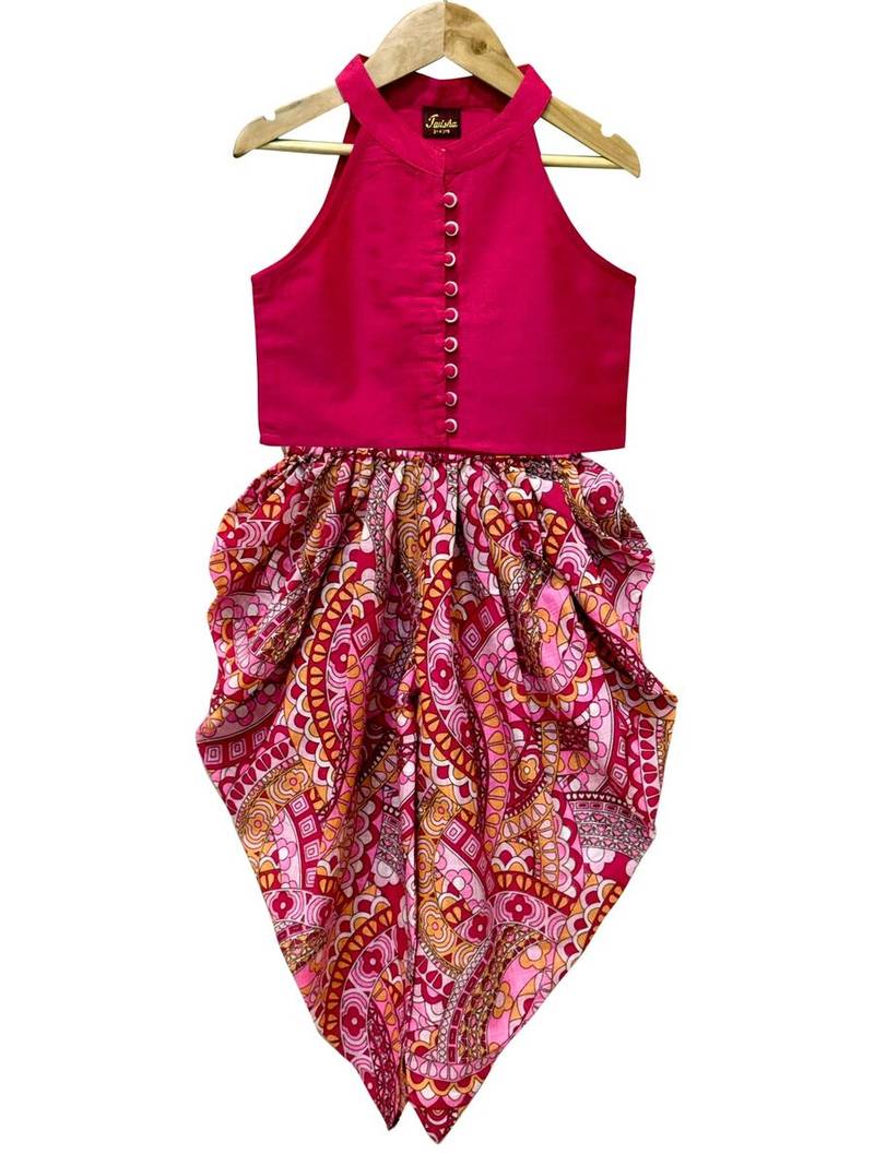 Pink solid chanderi top with dhoti ethnic wear