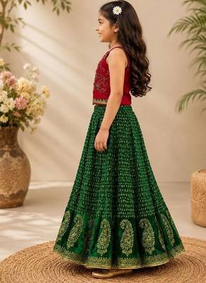 Red & green placement embroidered polyester top with lehenga ethnic wear 3